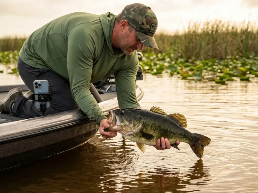Angler releasing trophy largemouth bass into Lake Okeechobee for TrophyCatch documentation 