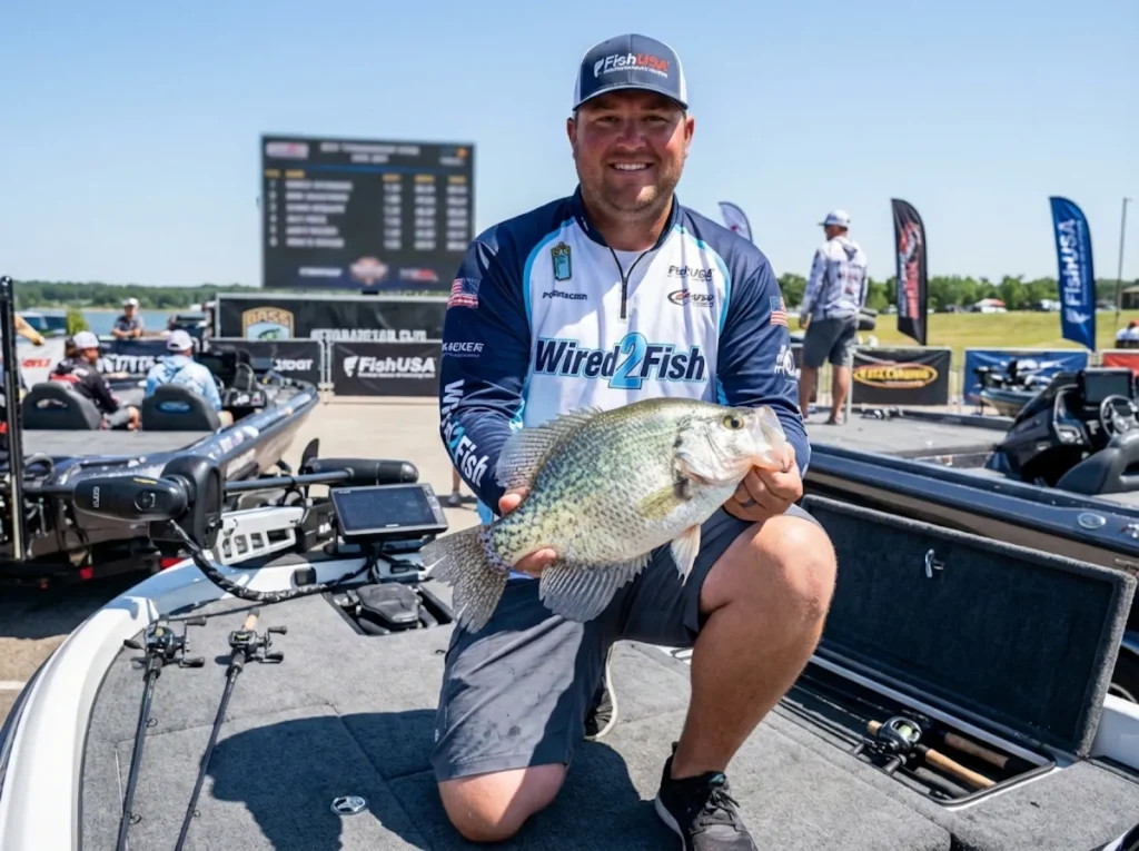 Tournament angler holding a trophy crappie on a southern reservoir during a fishing tournament