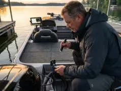 Fish Finder Won’t Show Bottom? Here’s the Real Fix Angler troubleshooting fish finder transducer at boat transom during dawn inspection