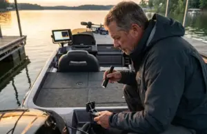 Fish Finder Won’t Show Bottom? Here’s the Real Fix Angler troubleshooting fish finder transducer at boat transom during dawn inspection
