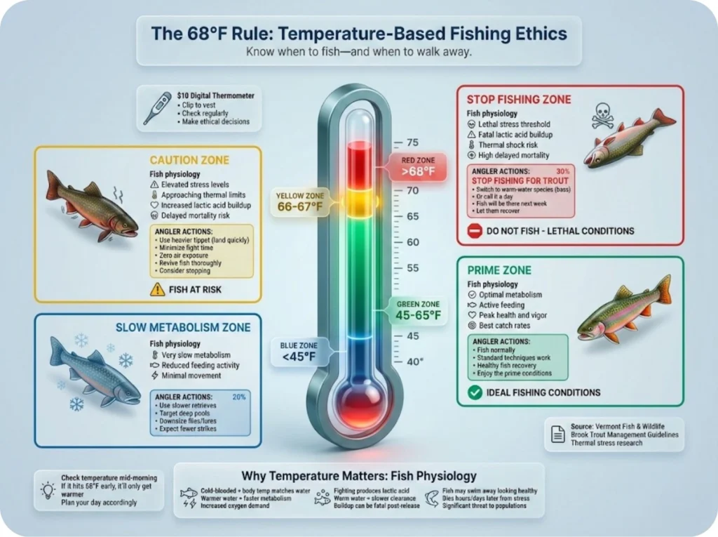 Color-coded thermometer graphic showing four brook trout fishing zones: blue slow metabolism zone below 45°F, green prime zone 45-65°F, yellow caution zone 66-67°F, and red stop fishing zone above 68°F with angler action notes.