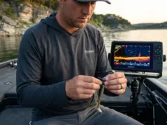 I Tested 12 Tungsten Jig Heads for Bass: Here’s What Won Bass angler rigging tungsten jig head on boat with LiveScope sonar visible in background