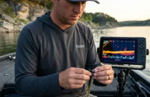 I Tested 12 Tungsten Jig Heads for Bass: Here’s What Won Bass angler rigging tungsten jig head on boat with LiveScope sonar visible in background