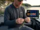 I Tested 12 Tungsten Jig Heads for Bass: Here’s What Won Bass angler rigging tungsten jig head on boat with LiveScope sonar visible in background