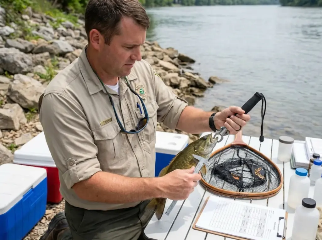 TWRA biologist measuring smallmouth bass for genetic research on Tennessee river