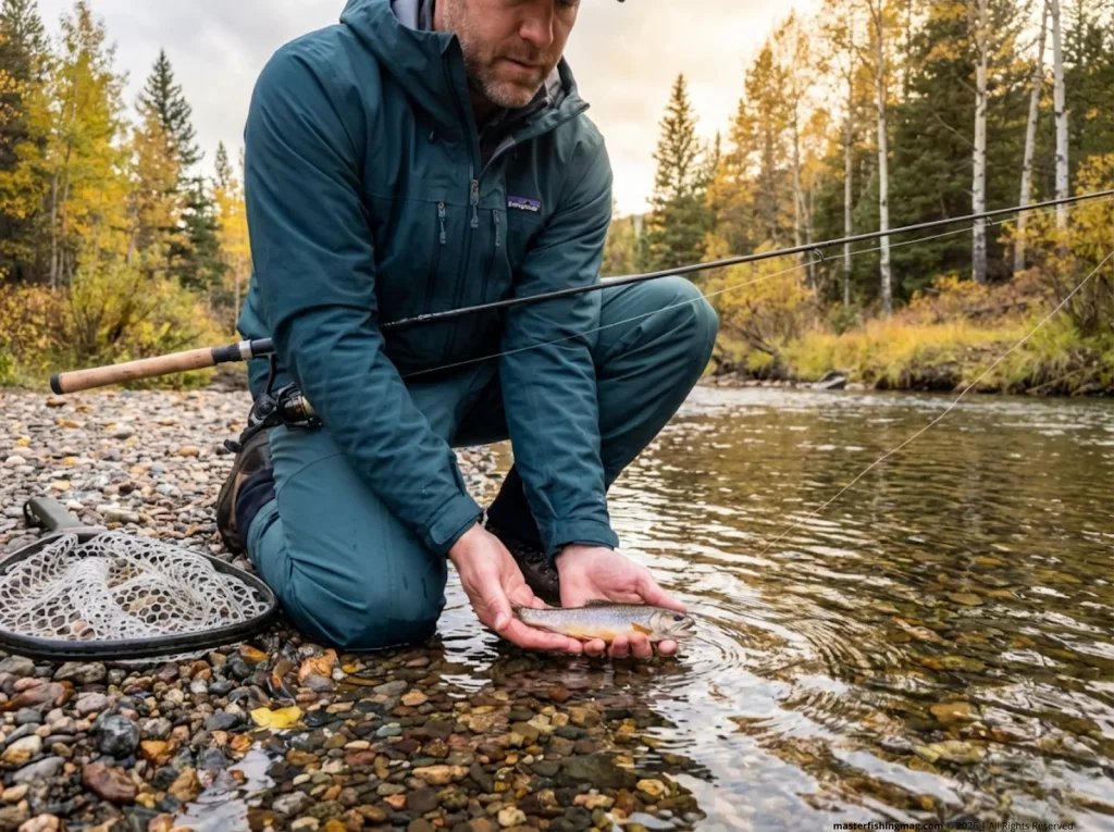 Angler releasing a brook trout after field testing Ugly Stik Carbon ultralight combo in mountain tailwater