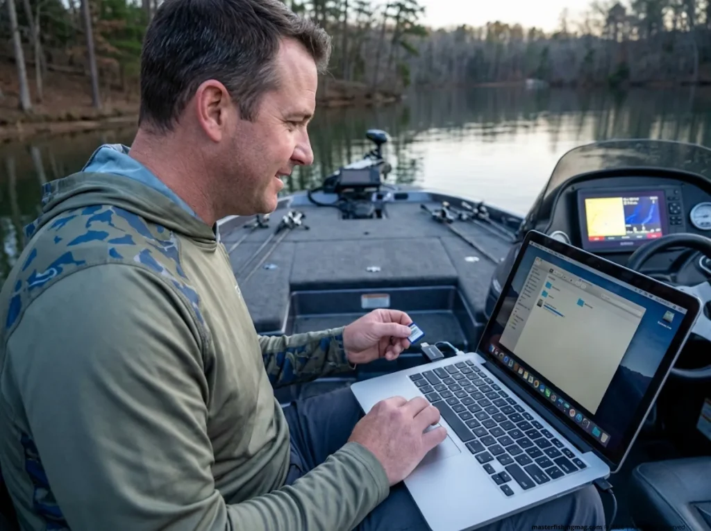 Angler verifying fish finder waypoint backup files on laptop connected to SD card reader on boat
