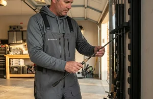 How to Store Fishing Rods Vertically (Without Ruining Them) Angler storing fishing rod vertically in wall-mounted garage rack