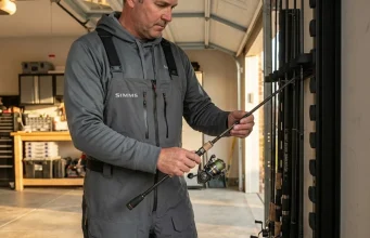 How to Store Fishing Rods Vertically (Without Ruining Them) Angler storing fishing rod vertically in wall-mounted garage rack