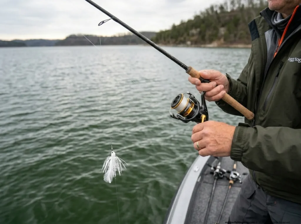Angler vertical jigging marabou jig for deep schooling white bass over reservoir structure 