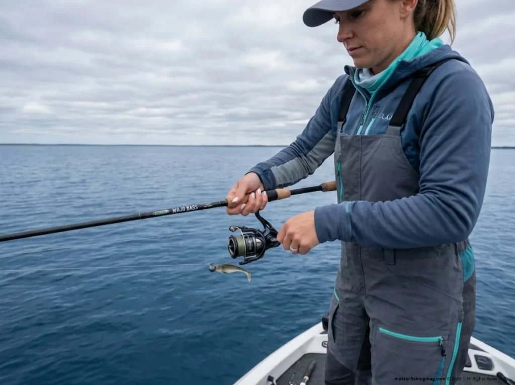Female angler vertical jigging for hybrid striped bass wipers over a deep reservoir hump