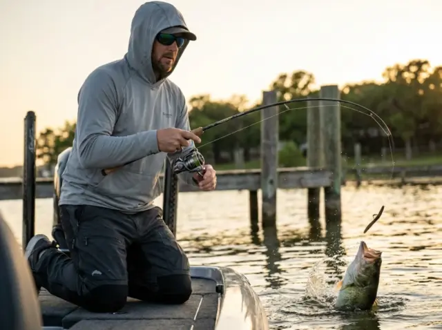 wacky-rig-bass-fishing-action-hero Angler fighting largemouth bass on wacky rigged Senko at golden hour Texas lake