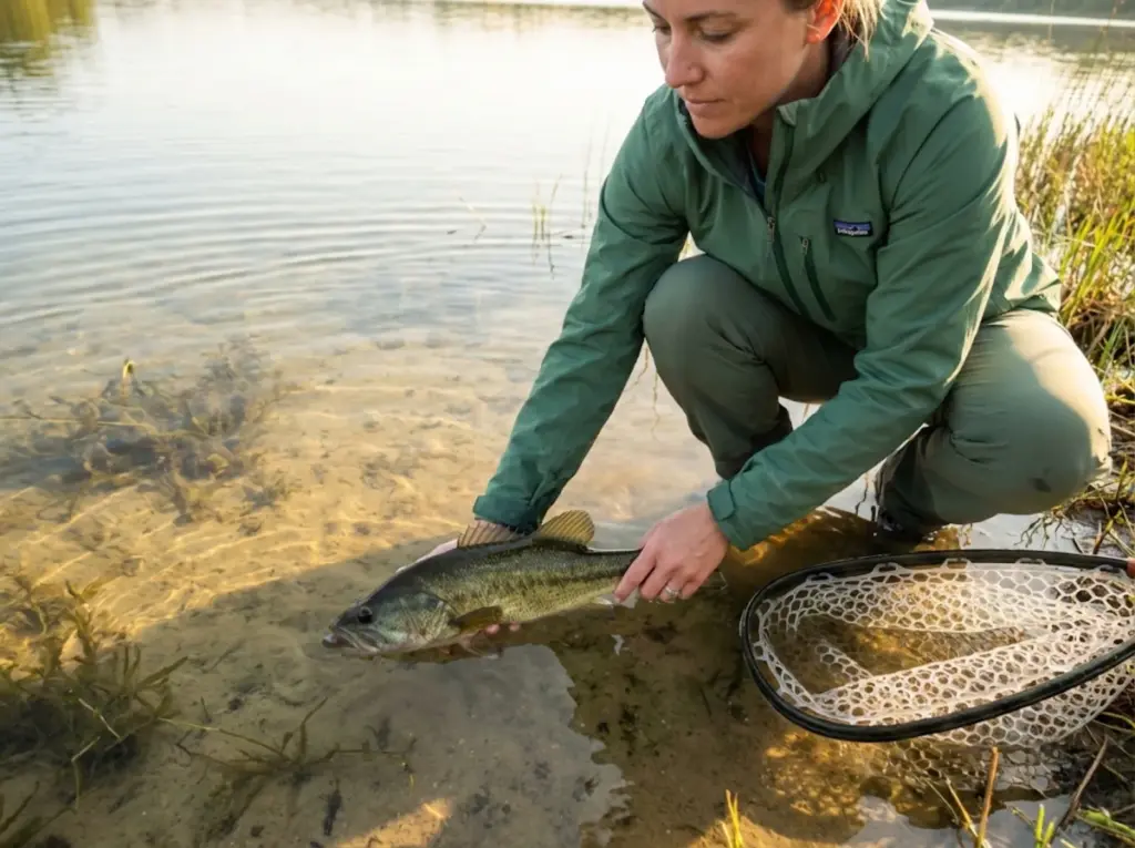 Angler practicing catch and release conservation with healthy largemouth bass in clear water