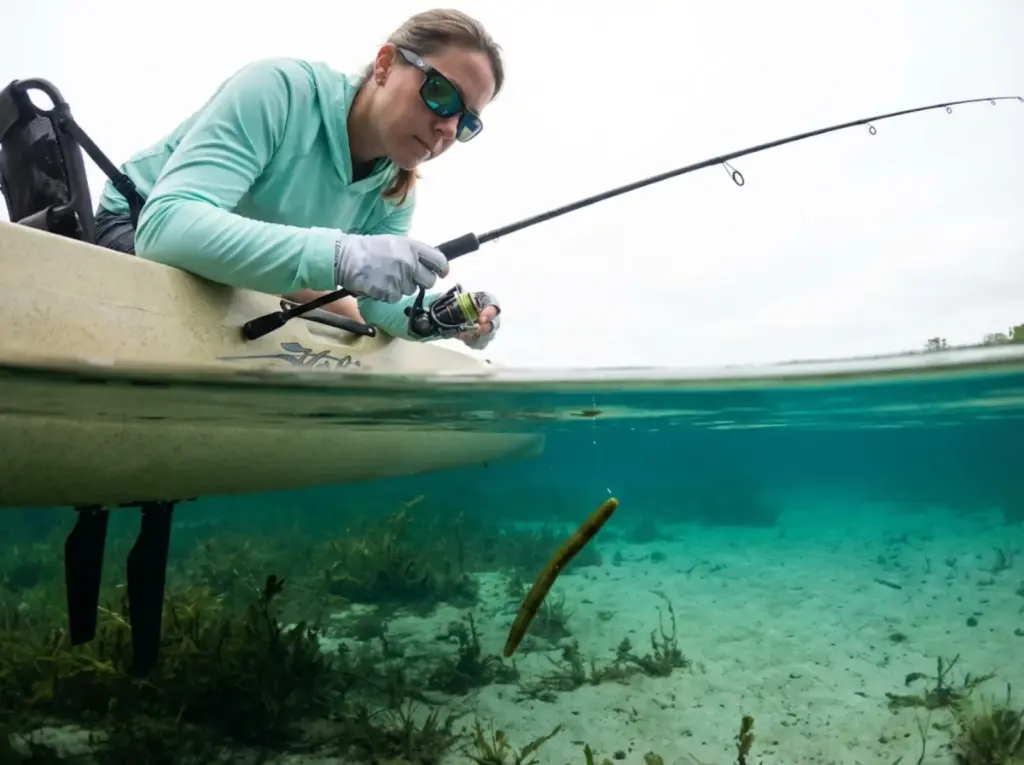 Kayak angler watching wacky rigged Senko flutter through clear Florida spring water