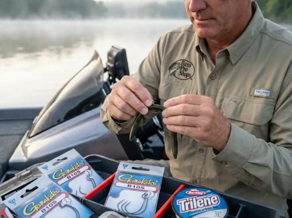 Angler rigging wacky hook through O-ring on Senko with terminal tackle visible