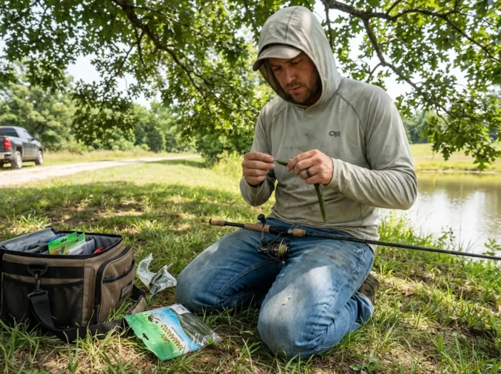 Bank angler troubleshooting torn wacky rig bait and re-rigging with O-ring