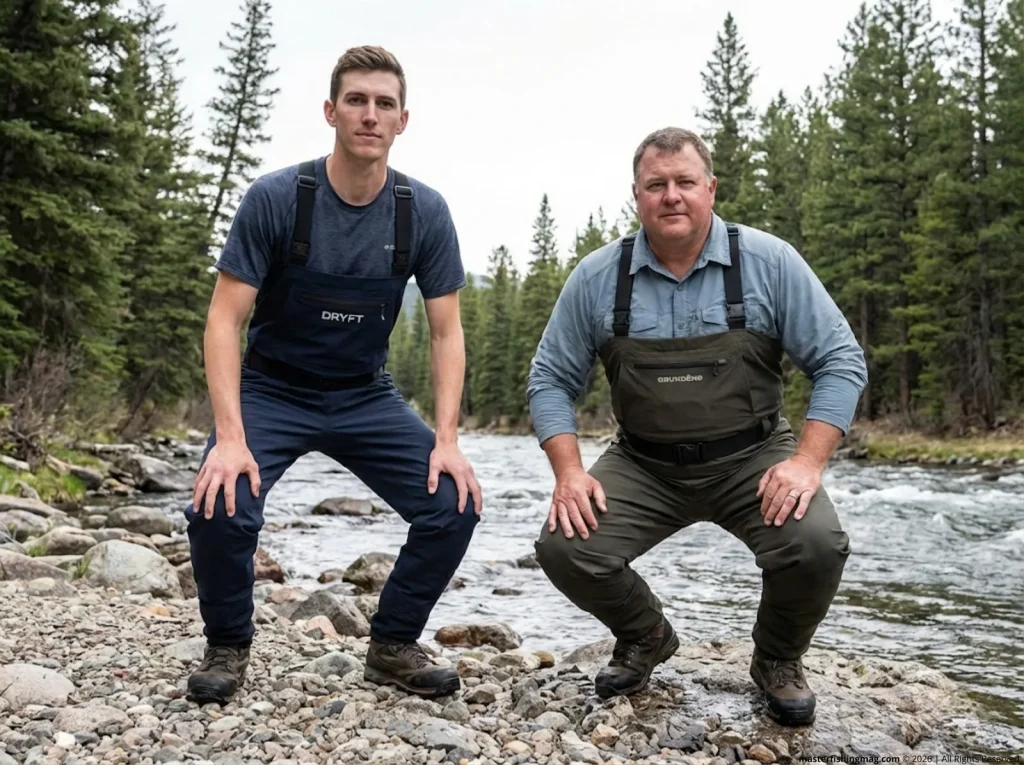Two anglers with different body types performing wader fit mobility test on riverbank 