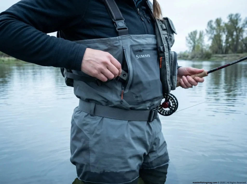 Female angler adjusting Simms G4Z cam-lock wader strap from handwarmer pocket while standing in river  