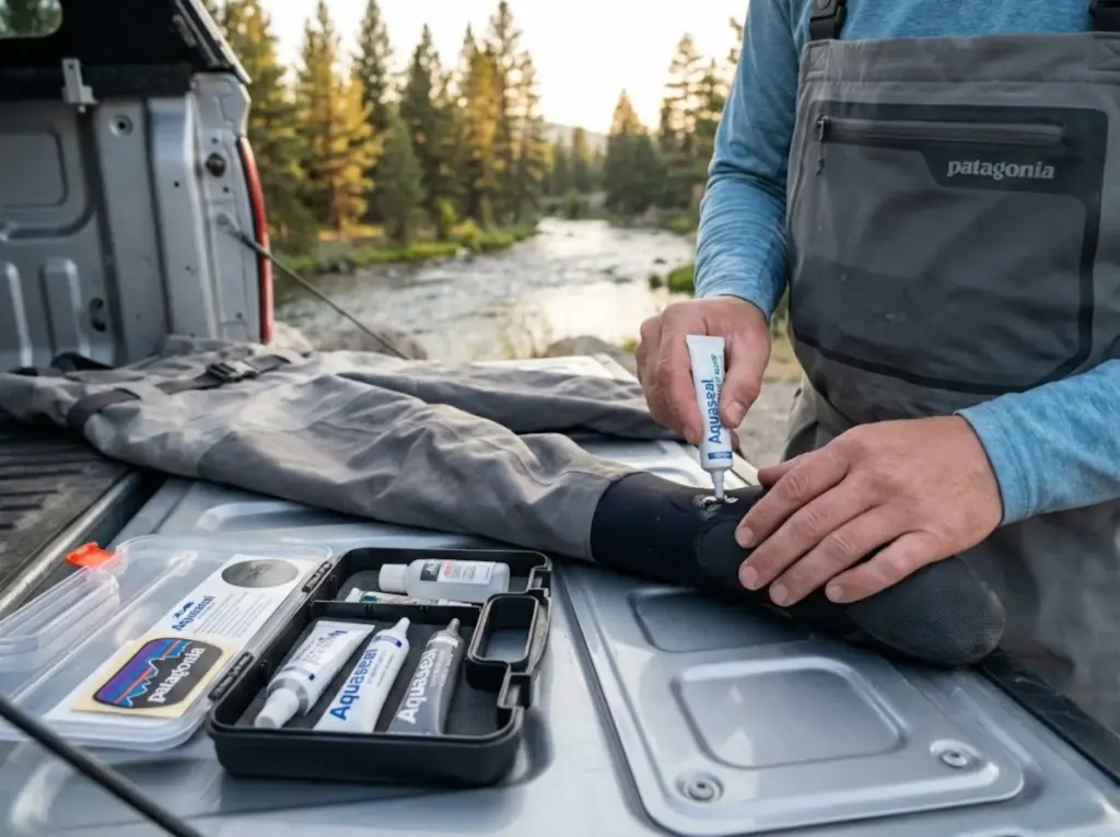 Angler applying Aquaseal to wader bootie leak at riverside truck tailgate