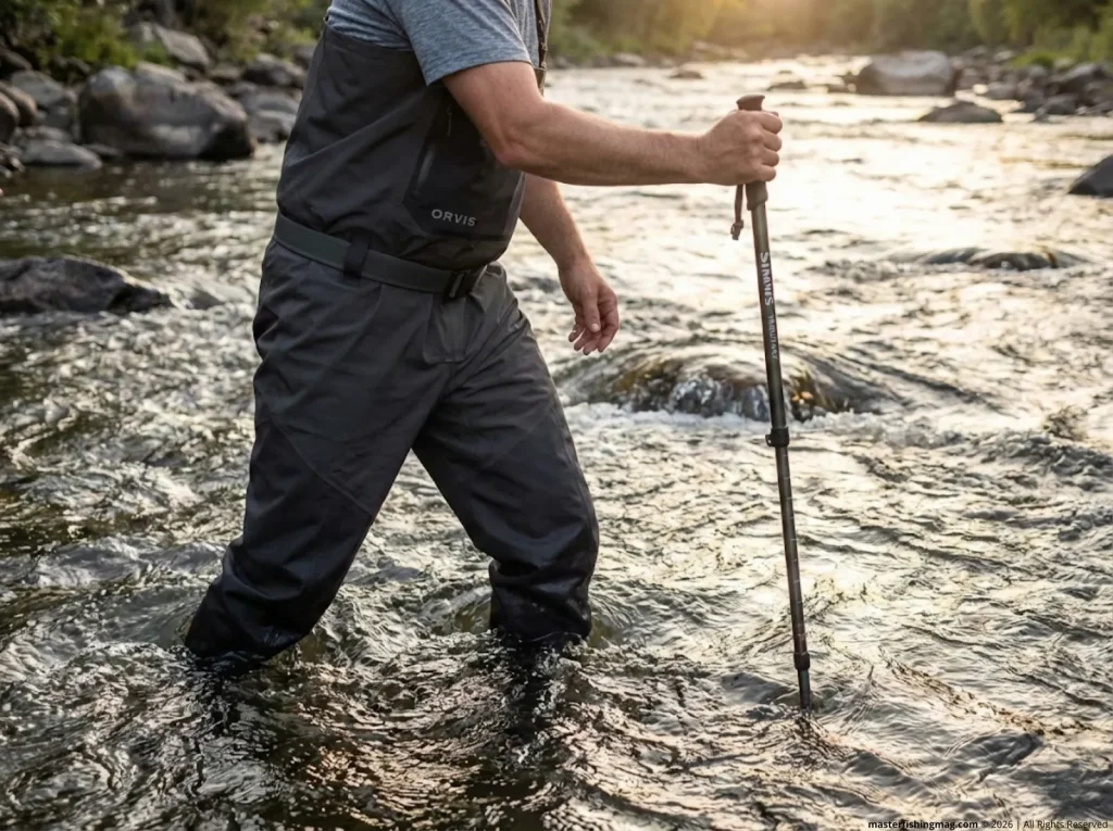 Angler wading fast river with wading staff, wading belt cinched and wader suspenders set high for safety   