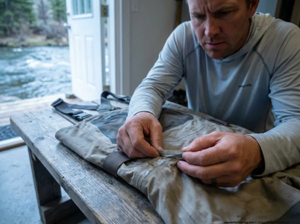 Angler inspecting failed wader seam tape caused by improper drying and trapped moisture