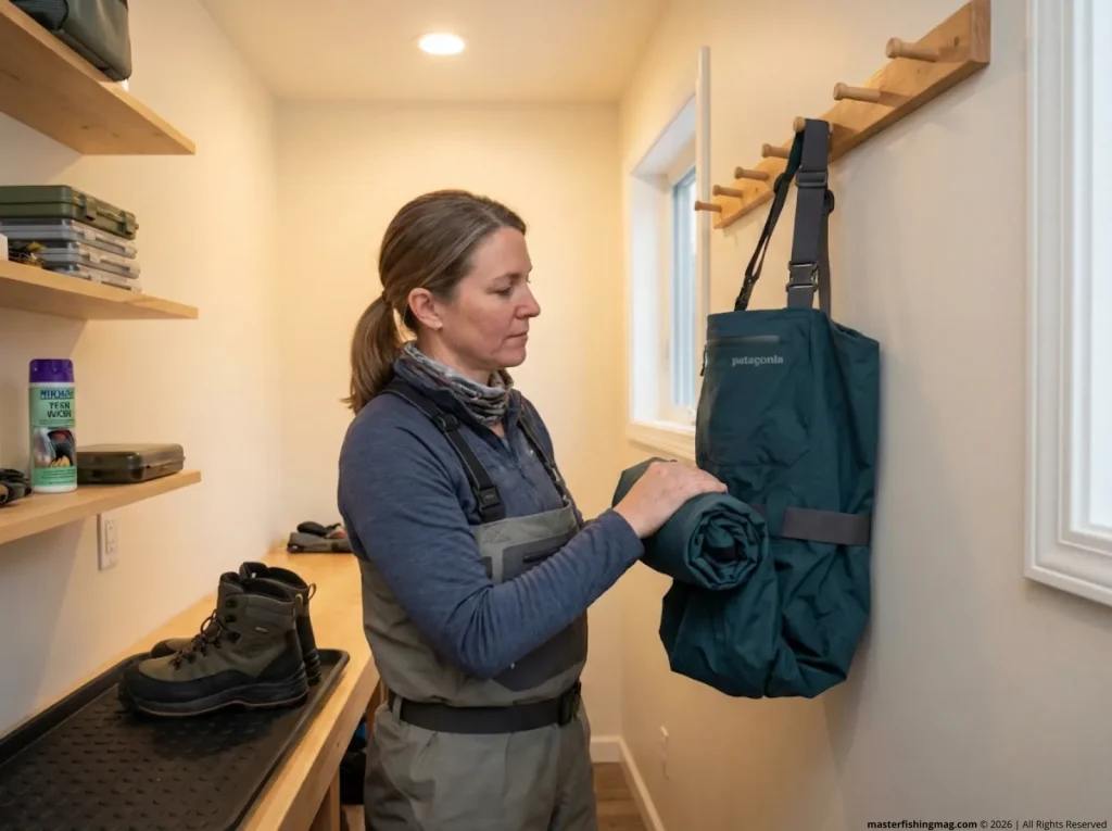 Angler properly rolling and storing Patagonia waders using hang loop, not suspender straps 