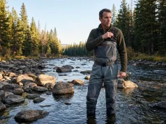 Set Your Wader Suspenders High or Pay for It Later Angler adjusting wader suspender straps mid-river — proper high-chest fit for comfort and safety