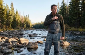 Set Your Wader Suspenders High or Pay for It Later Angler adjusting wader suspender straps mid-river — proper high-chest fit for comfort and safety
