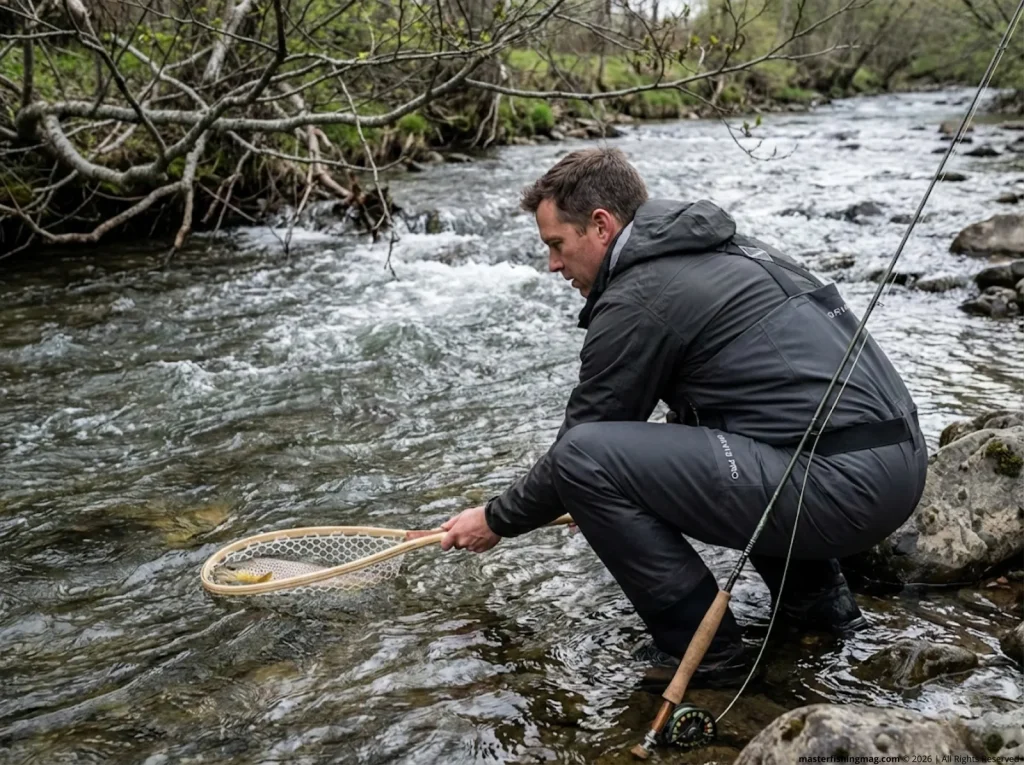 Angler crouching to net trout in fast water, waders fitting high on chest with no fabric sag   