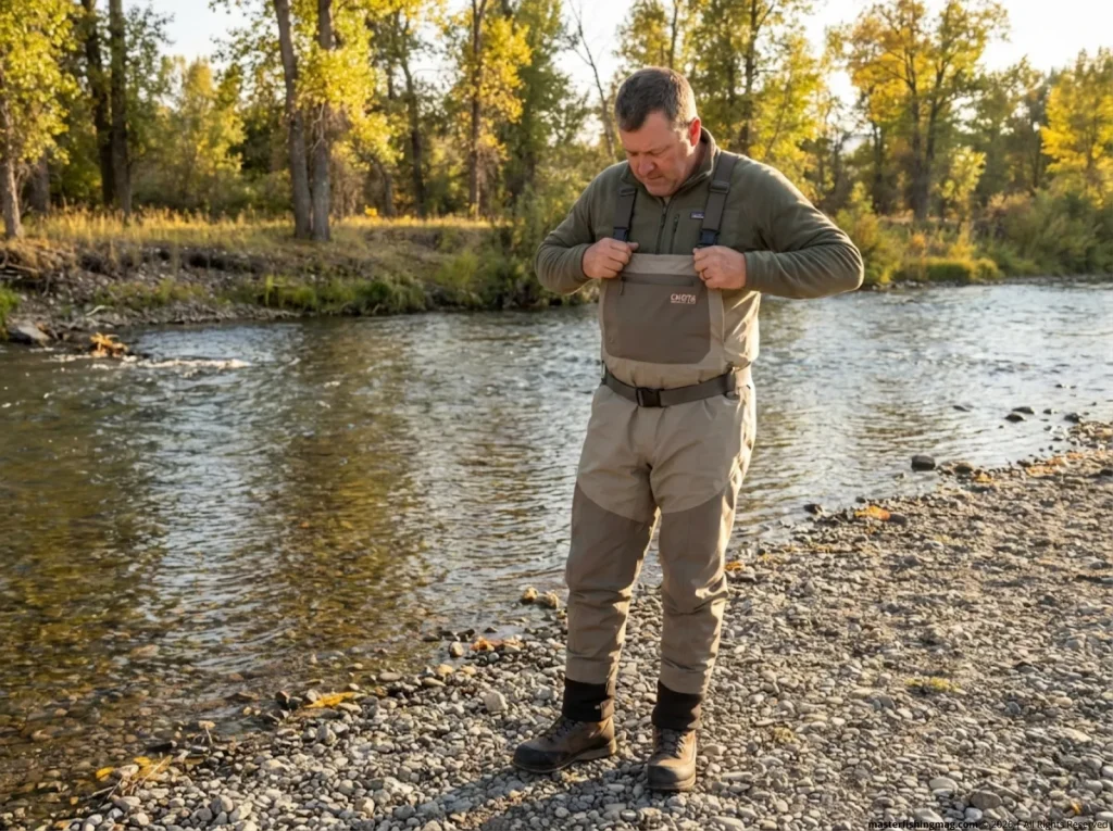 Angler setting wader suspender straps to sternum height on riverbank before wading 