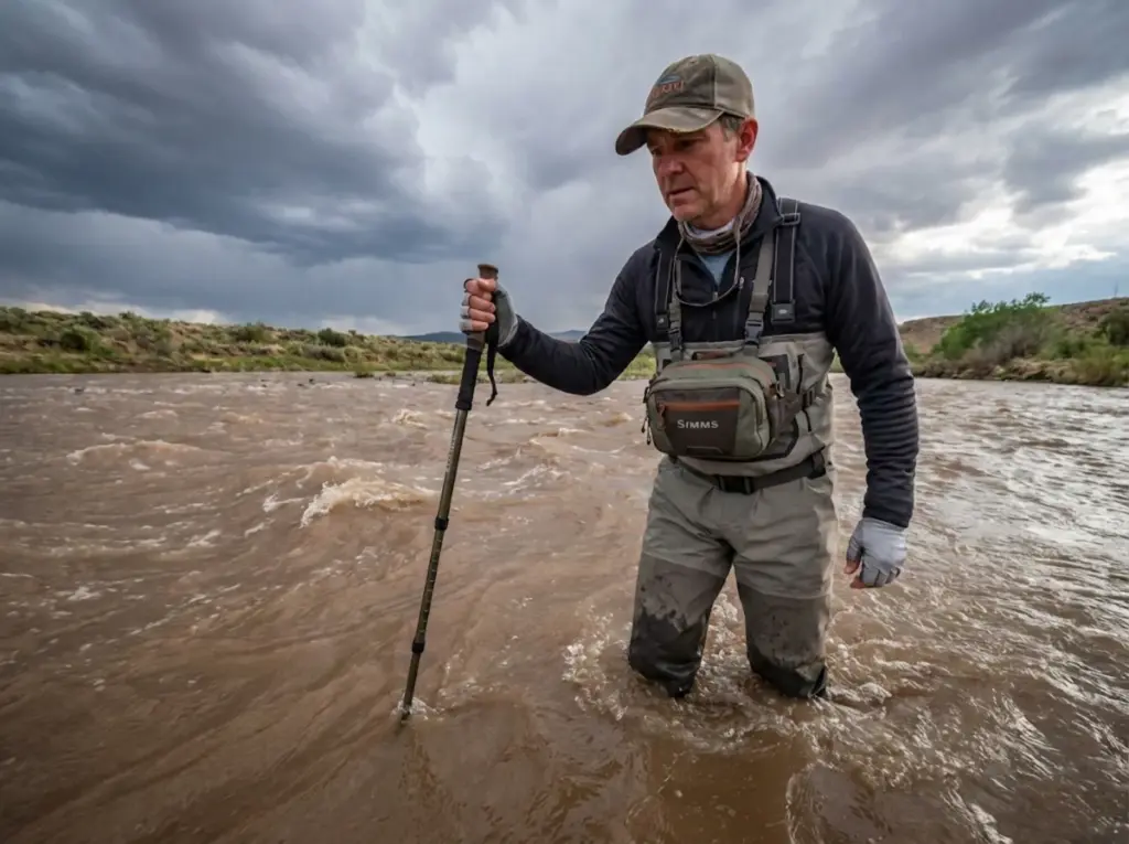 Angler using wading staff to safely cross fast-moving spring runoff water