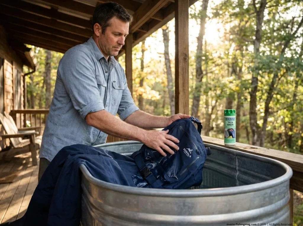 Angler hand-washing Skwala waders with Nikwax Tech Wash to restore DWR before proper drying