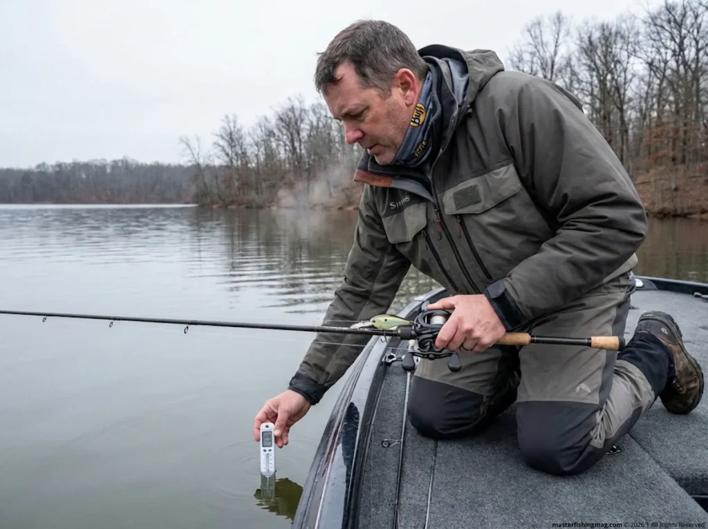 Cold-water angler checking water temperature before selecting slow-retrieve baitcaster ratio in winter    