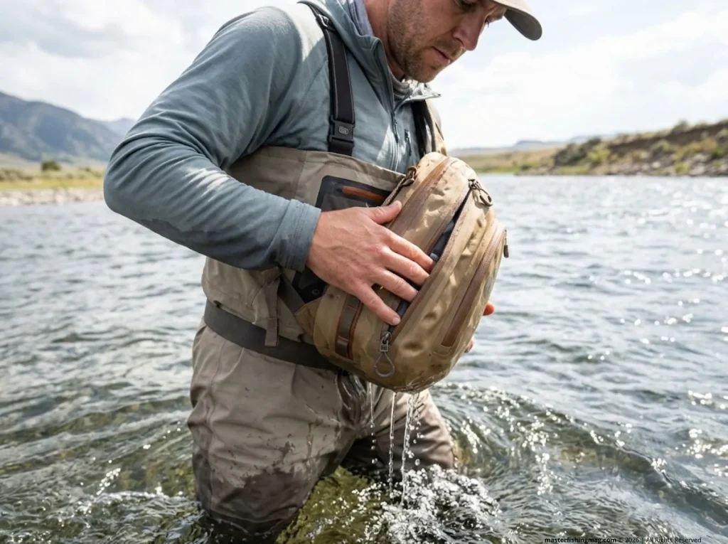 Angler checking waterproof zipper on Fishpond sling pack after deep river crossing, waist-deep wade