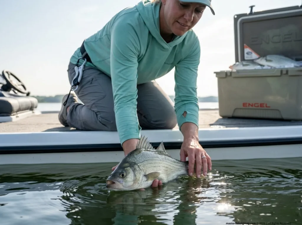 Angler releasing white bass into reservoir water while cooler with kept fish sits nearby     