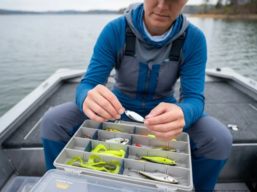 Angler selecting War Eagle jigging spoon from tackle tray for white bass fishing