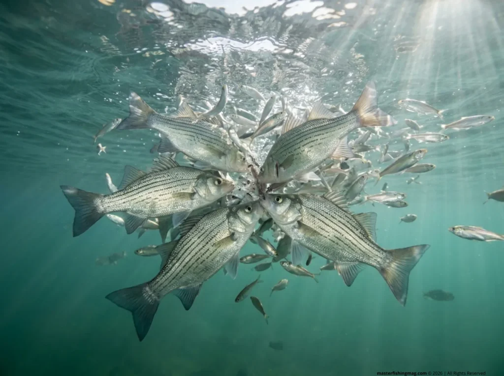 White bass school attacking threadfin shad bait ball underwater in reservoir
