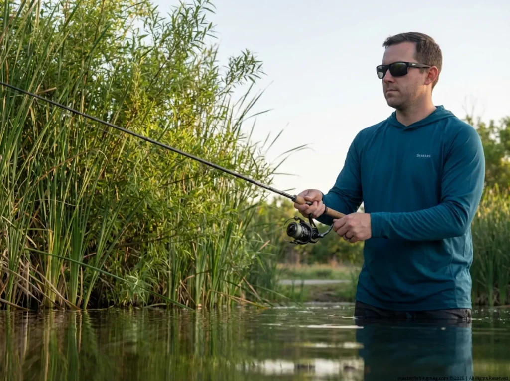 Angler flicking a jig along the water willow reed beds at White Rock Lake Dallas in spring
