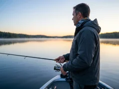 I Got Skunked 47 Times Before Finding Why Fish Won’t Bite Angler troubleshooting why fish are not biting, standing on boat at dawn over calm lake cove