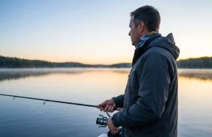 I Got Skunked 47 Times Before Finding Why Fish Won’t Bite Angler troubleshooting why fish are not biting, standing on boat at dawn over calm lake cove