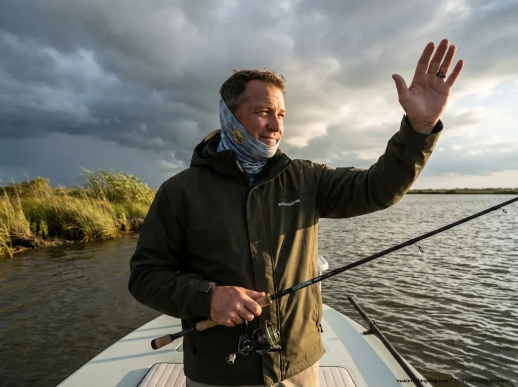 Experienced angler reading pre-frontal west wind conditions on open lake before a feeding binge
