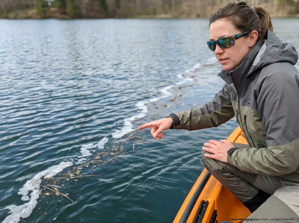 Female angler reading wind-driven foam line on lake surface to locate fish positioning zones  