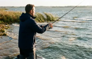 Wind Gave Away the Fish and You Missed It Angler casting into wind-blown shoreline with mud line visible, reading wind direction for fish positioning