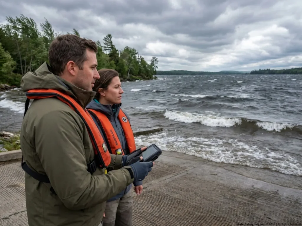 Two anglers in Mustang Survival PFDs checking weather conditions before fishing in high wind  