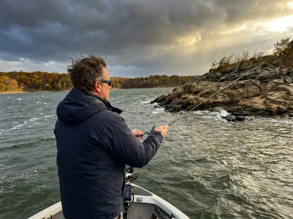Angler casting to a windblown point before a fall cold front for crappie feeding spree