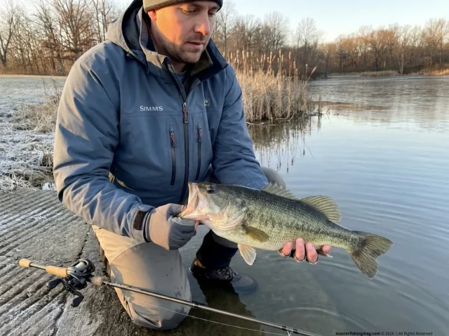 winter-bank-fishing-cold-water-bass-release-hero Angler releasing largemouth bass into cold winter lake from bank — winter bank fishing cold water tactics