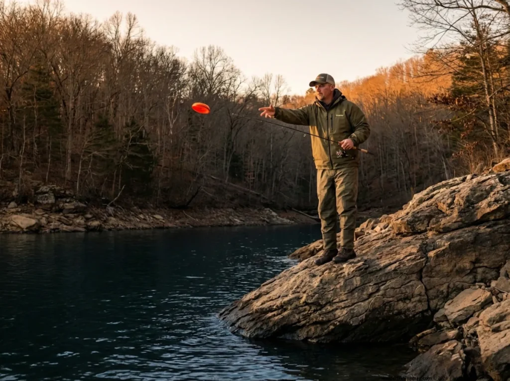 Angler scouting depth with castable fish finder from shore in winter — bank fishing location scouting tactics