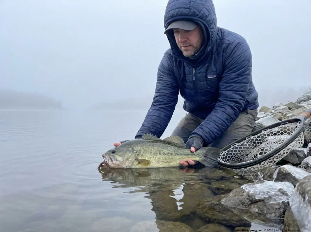 Angler releasing largemouth bass with proper two-hand support in cold winter water — catch and release winter protocol