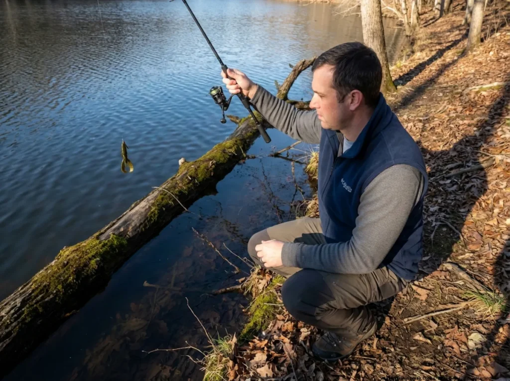 Angler using yo-yo technique over submerged laydown in winter — cold water bank fishing presentations