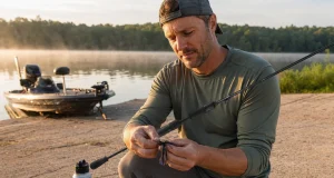 Best Casting Rods for Every Jig You Throw Angler holding a casting rod rigged with a jig at a lake boat ramp in early morning light